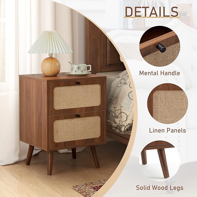 Mid Century Night Stand, Modern Nightstand with Drawer & Curved Linen Panel, Farmhouse End Table Wood Bedside Table Small Side Tables for Small Space, Bedroom (Walnut)