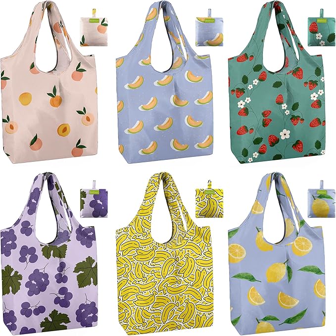 BeeGreen Reusable Grocery Bags 6 Pack, Heavy Duty Totes for Women, Foldable Grocery Bag Large Shopping Totes with Handles for Work, Travel, Gift, Store, Polyester Washable Reusable Tote Bag-NeatNest