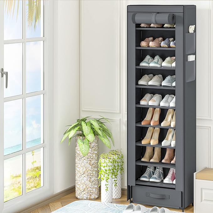 Shoes Rack 10 Tier Tall Narrow Shoe Rack with Bin Covered Shoe Shelf Storage Organizer Closet Stackable Shoe Stand-NeatNest