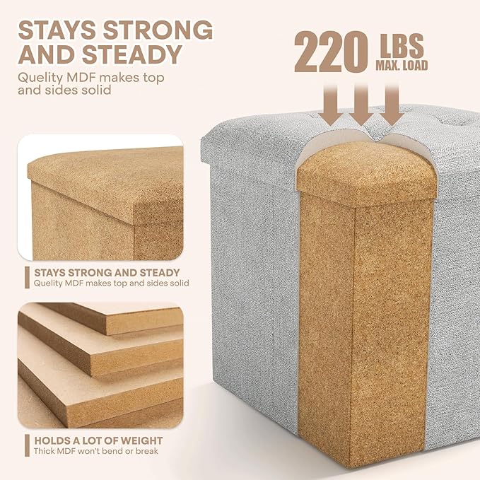 Ottoman Folding Storage Bench, 15x15x15 Inch, Foot Rest Stool for Living Room, Bedroom, Entryway, End of Bed - Multi-Functional Ottoman with Storage Light Gray