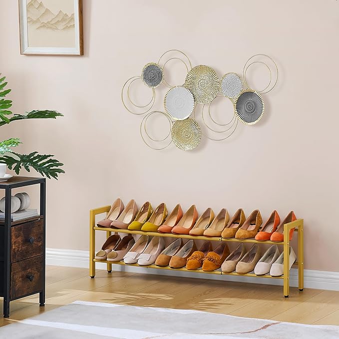 FAVOOSTY 2-Tier Expandable Shoe Rack, Adjustable Shoe Shelf Storage Organizer Space Saving Metal Free Standing Shoe Rack for Entryway Closet Doorway, Gold-NeatNest