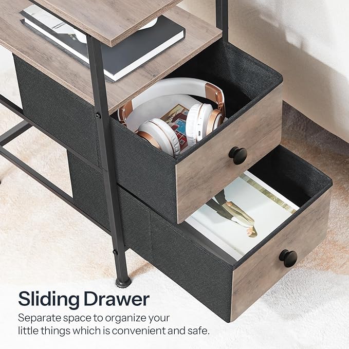 HOOBRO Narrow Side Table with LED Light and USB C Port, Night Stand with Charging Station, Skinny End Table with 2 Fabric Drawers, for Bedroom, Living Room, Greige and Black BG486UDBZ01