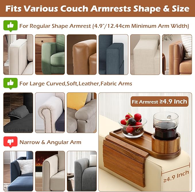Couch Cup Holder Tray, 15.75" Acacia Wood Couch Armrest Table, 3 in 1 Foldable Sofa Clip on Side Table with 360° Phone Stand, Armrest Tray for Coffee Snacks-NeatNest