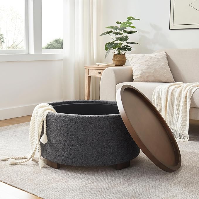 30 Inch Round Storage Ottoman Coffee Table, Modern Boucle Ottoman with Lift-Off Lid and Solid Wood Legs for Living Room, Bedroom, Corners, Apartments (Grey)