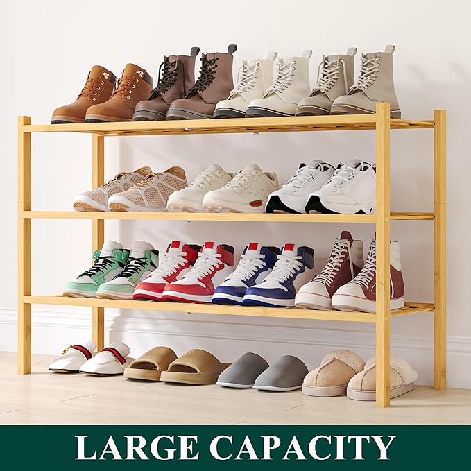 Smiry Shoe Rack, 3 Tier Long Bamboo Shoe Organizer, Stackable Free Standing Wooden Shoe Storage Shelf for Closet, Entryway, Front Door Entrance, Natural-NeatNest