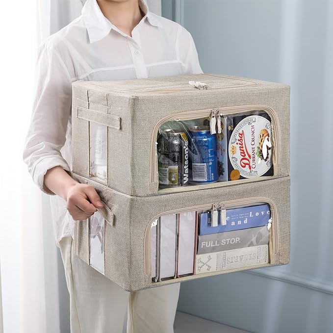 3Pack Foldable Storage Bins - Frame Storage Box Linen Fabric Stackable Clothes Container Organizer with Clear Window & Carry Handles Large Capacity (Small-22L, Beige)-NeatNest