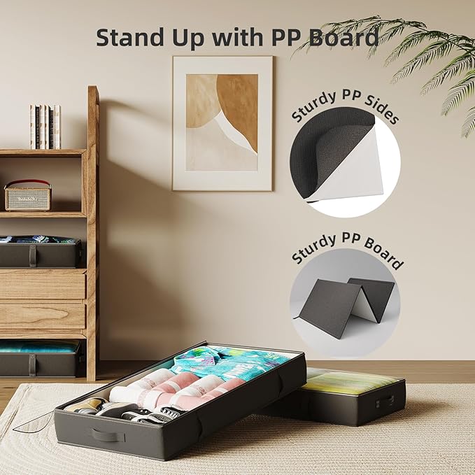 2-Pack Under Bed Storage, 6 Inches Tall Closet Organizers and Storage Bins with Sturdy Sidewalls/Bottom/4 Handles, Black-NeatNest