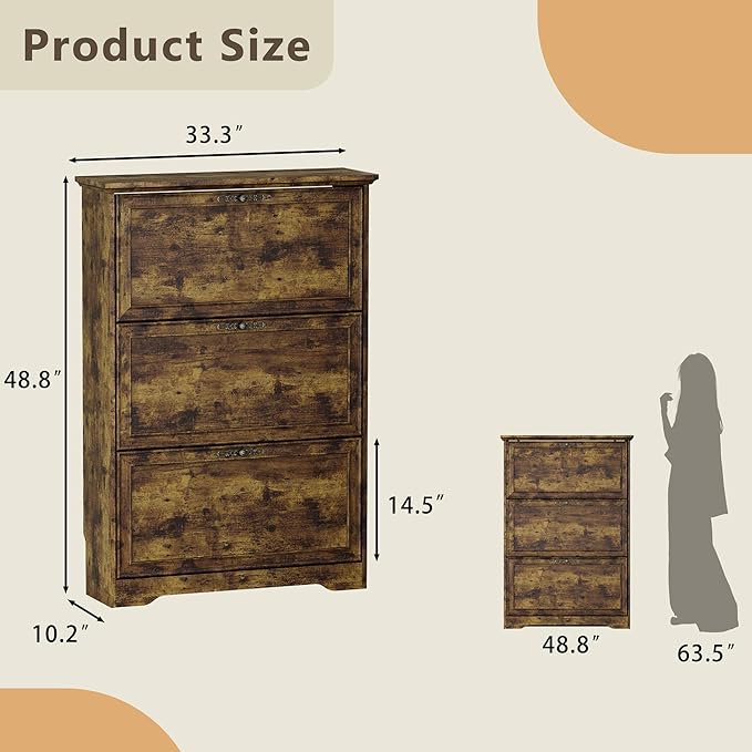 3 Flips Shoe Cabinet for Entryway, Narrow Shoe Storage Cabinet with Adjustable Shelves, Wooden Space-Saving Organizer and Rack for Foyer, Closet, Hallway