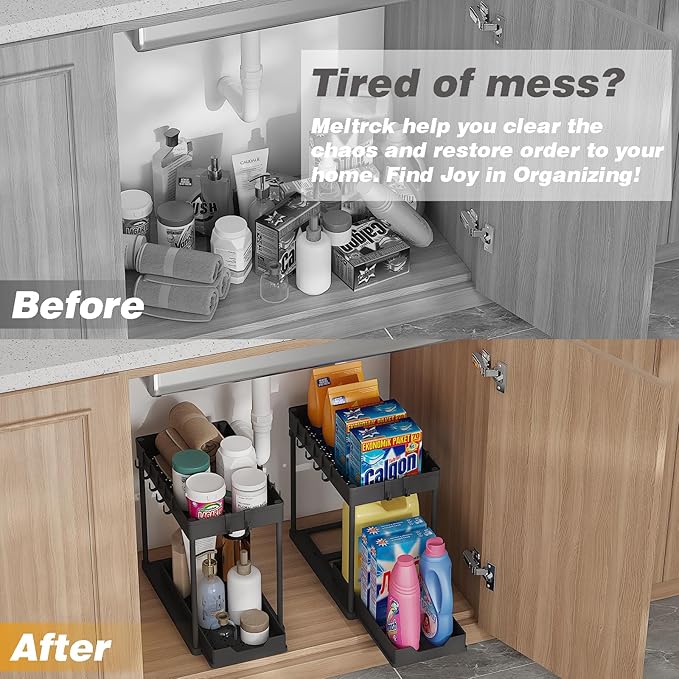 2 Pack Multi-Purpose Pull-Out Storage Organizers, Under Sink Organizers and Storage for Bathroom & Kitchen, Under Cabinet Organizers and storage, 12.8 Inch, Black-NeatNest