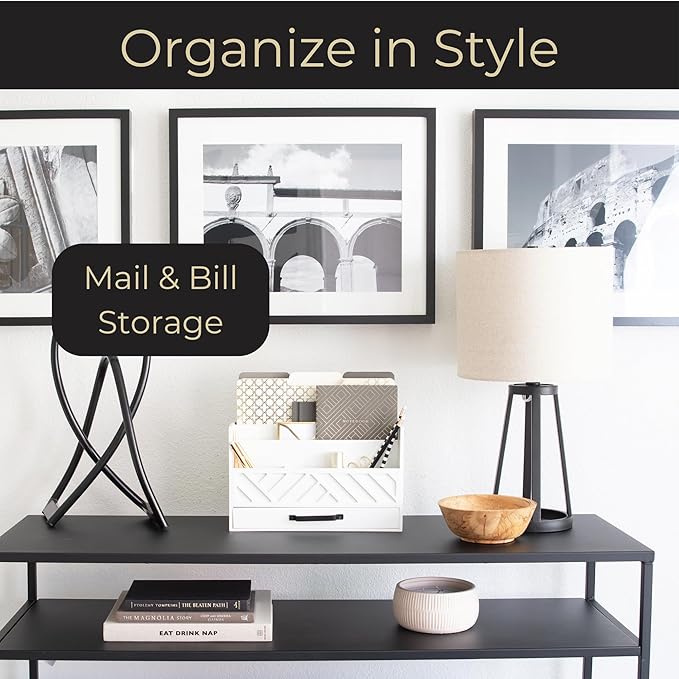 BLU MONACO Mail Organizer Countertop Kitchen – White Wood Desk Storage with Drawer – Mail Sorter or Bill Holder for Desk – Farmhouse Accessories & Mail Basket for Counter-NeatNest