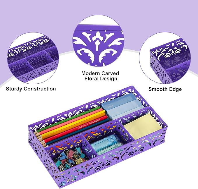 EasyPAG Desk Drawer Organizer with 4 Compartments, Carved Hollow Floral Metal Tray for Office, Jewelry, Cosmetics - No Assembly, Purple-NeatNest