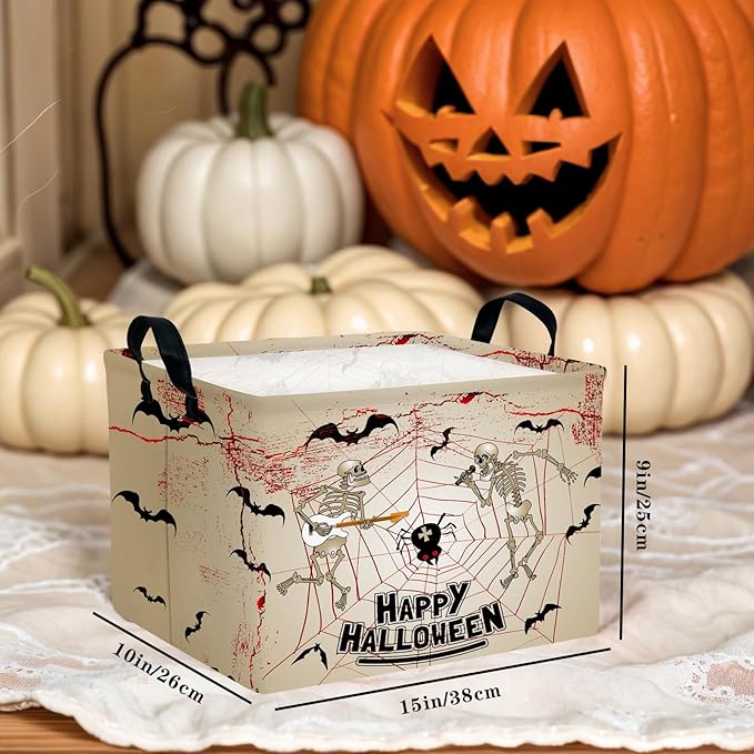 Halloween Basket Gift Terror Ghost Parties Decor Kid Trick or Treat Basket for Boys and Girls Rectangular Storage Bin Box (Skeleton Bat)-NeatNest