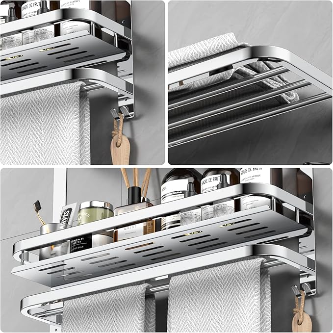 22.8Inch Towel Rack for Bathroom and Lavatory Towel Hanger with Wall Mount Towel Bars 304 Stainless Steel No Drill (Collapsible Towel Rack with Bathroom Organize Shower Shelves)