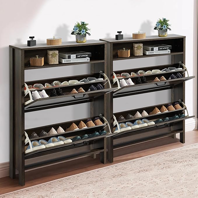 Shoe Cabinet with 2 Flip Drawers, Narrow Shoe Storage Cabinet, Freestanding Shoe Cabinet Organizer, Hidden Shoe Rack Cabinet for Entryway, Hallway (2-Drawers, Brown/2-drawers)-NeatNest
