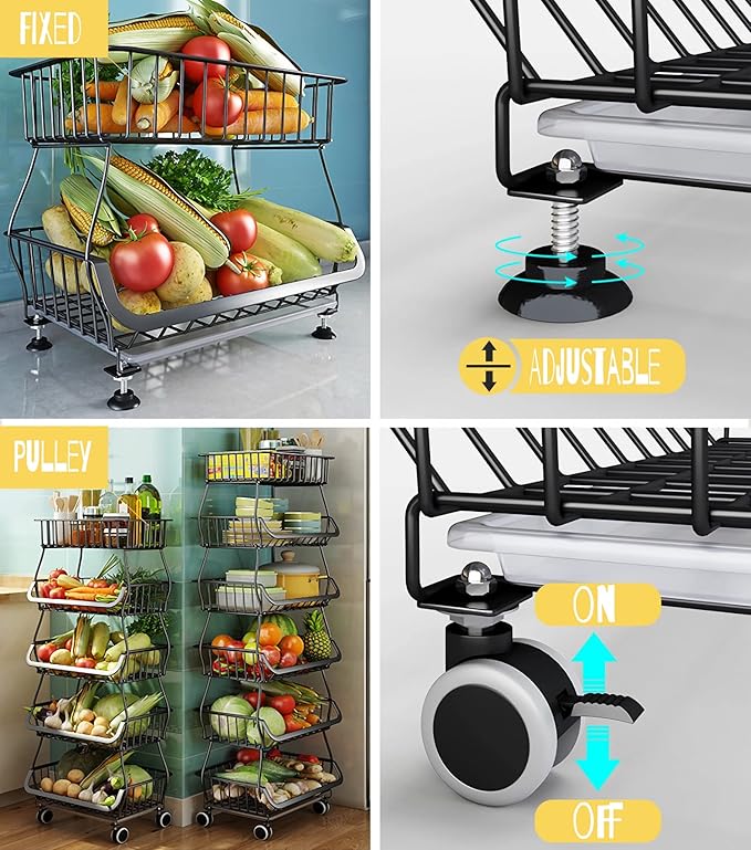 MURRI&MURRDI Fruit Vegetable Storage Baskets with Wheels, 6 Tier Stackable Wire Storage Baskets with Wheels Produce Basket for Kitchen Rack Storage Cart for Pantry Snack Cart (A Black 6 Layer)