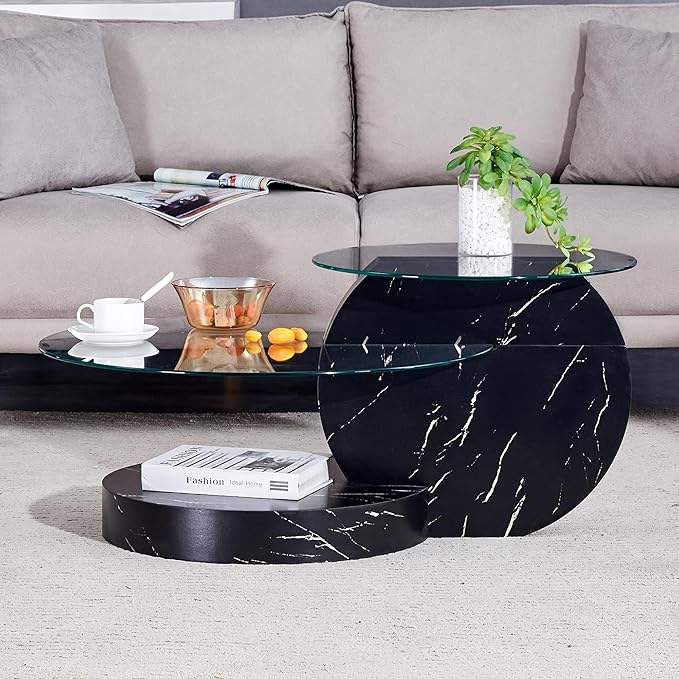 Glass Coffee Tables for Living Room Round Coffee Tables Modern Double Layer Round Table Circle Coffee Table for Small Space Home Office (35.4 Inch Black)