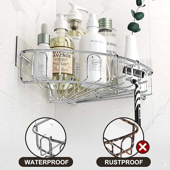 Orimade Corner Shower Caddy Stainless Steel with Hooks Wall Mounted Bathroom Shelf Storage Organizer Adhesive No Drilling 2 Pack, Silver Only for 90-Degree Corner