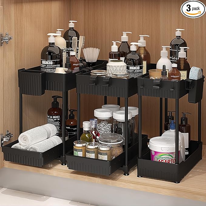 3 Pack Under Sink Organizers, 2-Tier Multi-Use Kitchen and Bathroom Organizers and Storage with Sliding Drawers，Bathroom Cabinet Organizer (Black, 12.8 Inch)-NeatNest