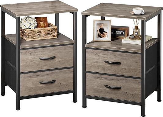 Huuger Night Stand Set of 2, Nightstand with 2 Drawers, Bed Side Table with Open Shelf, Wooden Top, End Table, Fabric Drawer with Oak Wooden Print Surface, for Bedroom