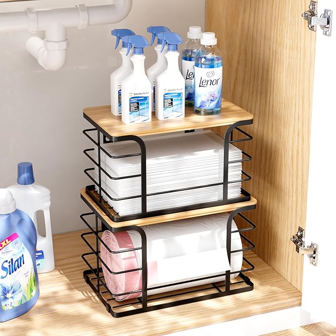 2 Pack Extra Large Stackable Pantry Organizers and Storage,Wall Mount Trash Bag Holder Dispenser with Bamboo Top for Kitchen Laundry Room Organization,Black-NeatNest