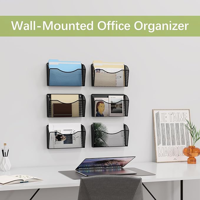 EasyPAG 6 Pack Wall File Holder, Single Mesh Hanging File Organizer for A4 Letter Size Paper, Wall Mount Paperwork Basket for Office, Home, School, Black