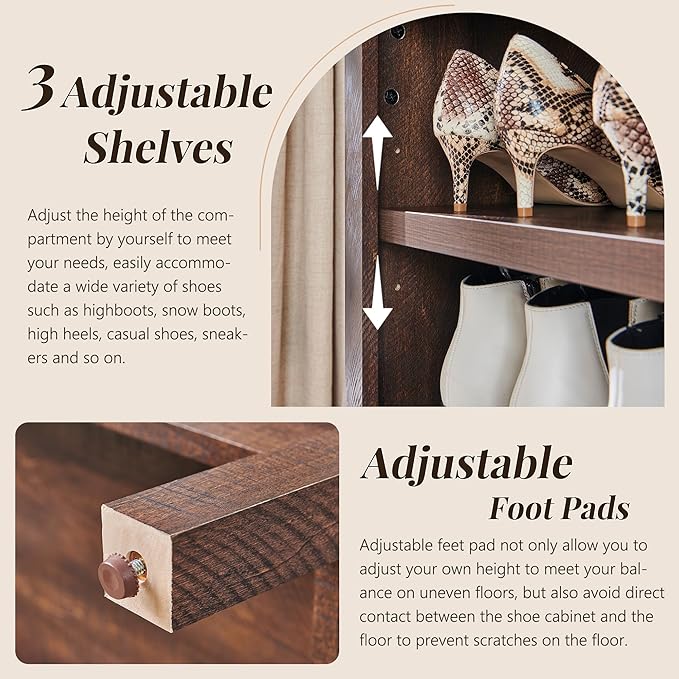 71" Tall Arched Shoe Storage Cabinet, 7 Tiers 28 Pairs Wooden Shoe Rack with 3 Adjustable Shelves, Freestanding Shoe Closet Shelf Organizer for Entryway, Hallway, Living Room-Brown-NeatNest