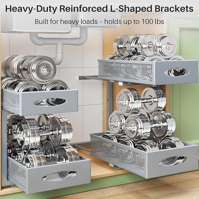 Under Sink Organizer, 2 Tier Pull out Cabinet Organizer Baskets with Mesh Sliding Drawers, Slide out Storage Shelf for Home, Kitchen, Bathroom, Pantry, Office, Countertop(1 Pack,Grey)-NeatNest
