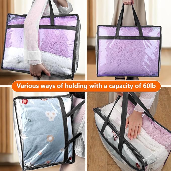 Budding Joy Clear Zippered Storage Bags for Clothes,40L Closet Organizers and Storage Containers Vinyl Moving Bag for Bedding, Linen, Blankets, Comforters, Clothing & Toys, Black, 2 Pack-NeatNest