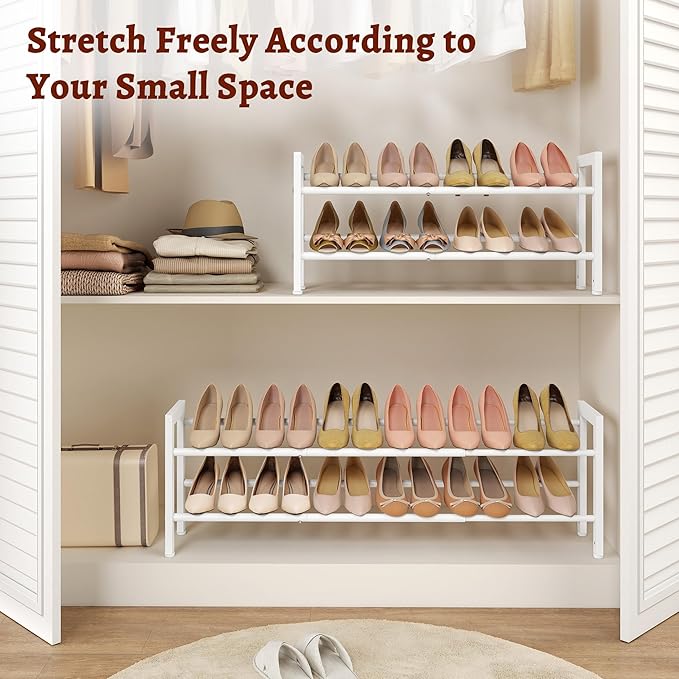 FAVOOSTY 2-Tier Expandable Shoe Rack, Adjustable Shoe Shelf Storage Organizer Space Saving Metal Free Standing Shoe Rack for Entryway Closet Doorway, White-NeatNest