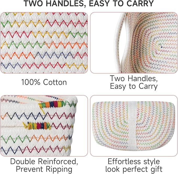 3-Pcs Shelf Baskets for Organizing, Closet Organizer Bins, Small Woven Baskets, Rope Toy Basket, Storage Basket for Shelves, Cube Decorative Box, 11.5×7.5×4.7”, Rainbow-NeatNest