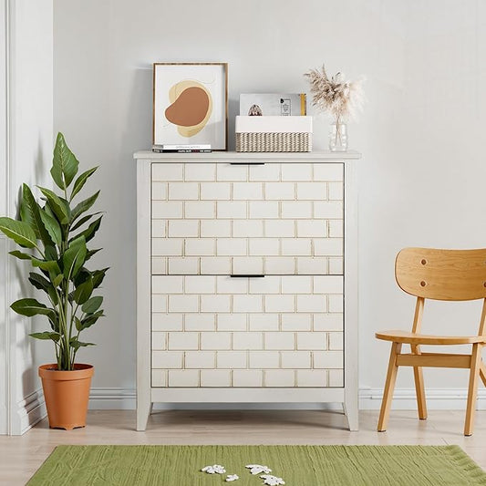 Modern Shoe Cabinet with 2 Flip Drawers, Mid-Century Vintage Shoe Storage Organizer for Entryway Slim, Freestanding Wood Shoe Rack Cabinet for Hallway, Bedroom, Living Room, Retro White-NeatNest