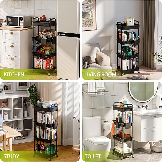 4 Tier Rolling Cart Organizer,Art Craft Diaper Bedside Snack Laundry Room Bathroom Organizer Narrow Thin Slim Rolling Trolley Utility Cart with Wheels for Kitchen,Office(Black)-NeatNest