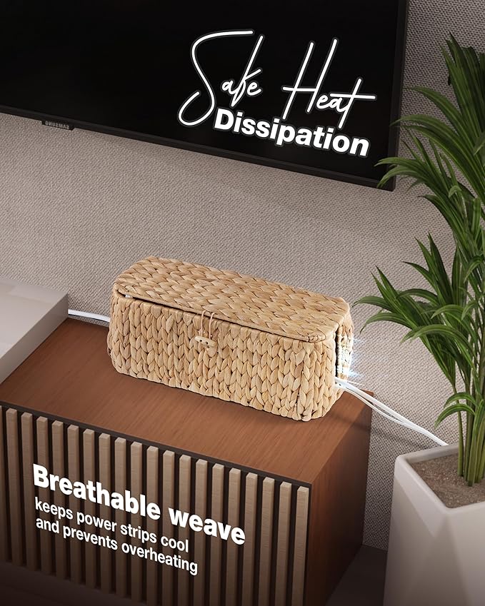 BLUEWEST Cable Management Box, Water Hyacinth Organizer Box, Durable Rattan Cable Organizer with Dual Open Slots for Desk, TV, or Office Cords, Stores Power Strips, USB Hubs, and Wires