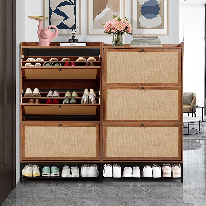 LEVNARY Shoe Storage Cabinet with 3 Flip Drawers, Freestanding Shoe Cabinet Storage Organizer for Entryway, Wooden Narrow Shoe Racks Cabinet with Metal Legs for Hallway (Walnut)-NeatNest