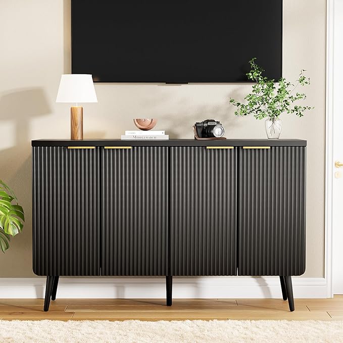 47.2" Sideboard Buffet Cabinet with Storage, Modern Fluted Accent Credenza with 4 Doors, Buffet Media Console Entryway Cabinets with Adjustable Shelves for Living Dining Room Hallway, Black-NeatNest