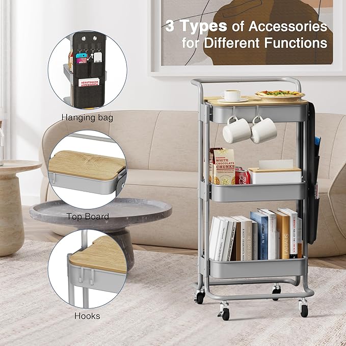 DTK 3 Tier Metal Utility Rolling Cart with Table Top and Side Bags, Tray Storage Organizer Wheels, Art Craft 4 Hooks for Kitchen Bathroom Office Living Room(Grey)-NeatNest