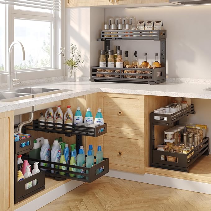 2-Pack 19"Deep Under Sink Organizer And Storage, 2-Tier L-Shaped Pull Out Cabinet Organizer with Upgraded Slide Rails, Height Adjustable Drawers for Kitchen&Bathroom, Extra-Large Storage Shelves–Black-NeatNest