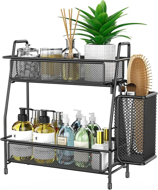 Bathroom Organizer with Basket, 2-Tier Bathroom Tray for Countertop Storage Shelf, Bathroom Counter Organizer, Vanity Organizer and Storage Kitchen Counter Organizers Spice Rack-NeatNest