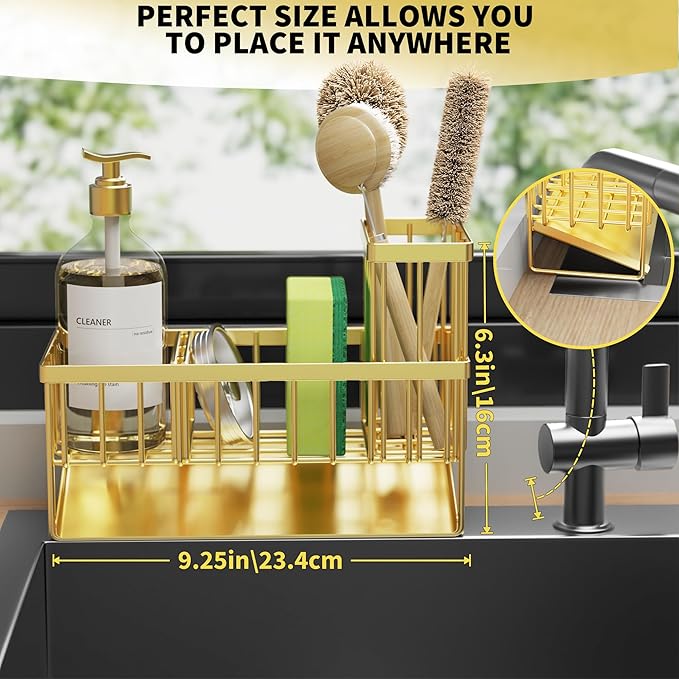 Cisily Gold Kitchen Sink Caddy Organzier with High Brush Holder, Sponge Holder for Sink, 304 Rustproof Stainless, Kitchen Countertop Soap Dispenser Organizer, Home Decor and Accessories-NeatNest