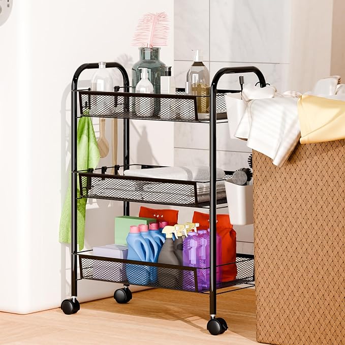 3/4/5 Tier Fruit Vegetable Basket, Stackable Metal Mesh Storage Basket with 360 Degree Wheels, Fruit Vegetable Produce Basket Storage Organizer for Kitchen, Pantry, Bathroom White 3-Layers