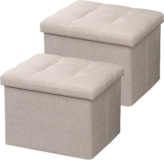 AmasSmile 2PC Ottoman Storage Footrest, 17 inch, Beige, Linen Fabric, Foldable, 43L Hidden Storage Space