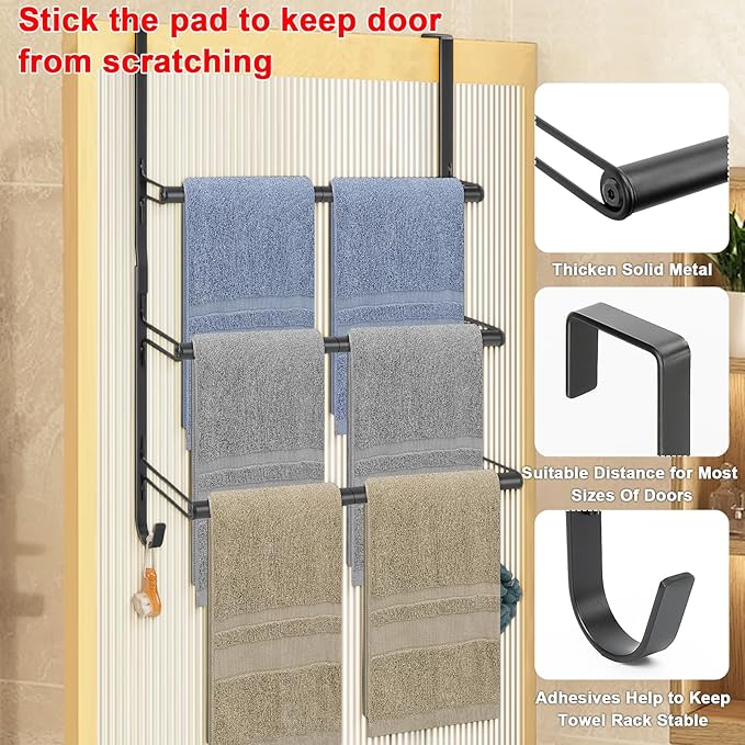 Livabber 3-Tier Over The Door Towel Rack, All Metal Towel Rack with Hooks for Door Hanging, Behind Door Towel Bar Towel Storage Holder for Bathroom Accessories, 19.37" L x 5.9" Wx 24.4" H(Black)