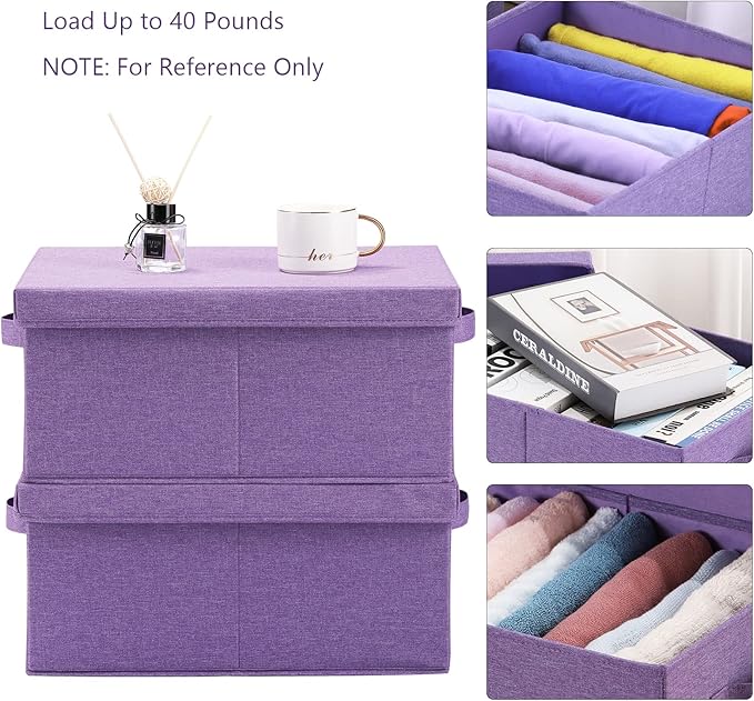 HOONEX Foldable Storage Bins with Lids, Pack of 2, Storage Boxes with 2 Carrying Handles and Sturdy Heavy Cardboard, 16.5" L x 11.8" W x 7.5" H for Shoes, Books, Clothes, Purple-NeatNest