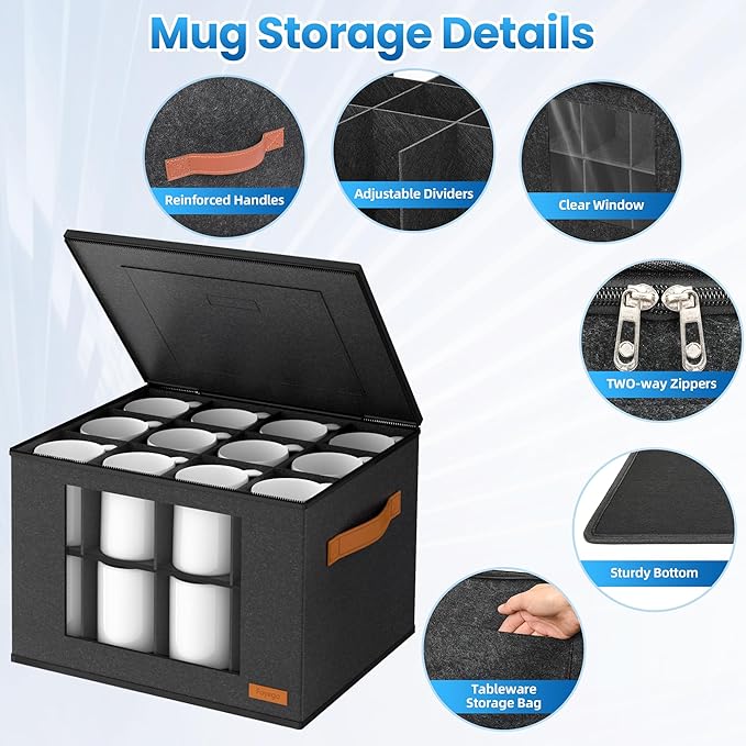 2-Layer Coffee Mug Storage Box with Dividers, Coffee Cup Storage Organizer with Zipper Lid and Handles, Stackable Mug and Cup organizer Service for 24 Coffee Mugs, Cups and Glasses, Dark Grey-NeatNest