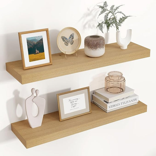 Floating Shelves for Wall, 24"W x 6.7"D x 1.4"H, 2 Pack of Long Wall Mounted Engineered Wood Shelves with Invisible Brackets for Living Room, Bedroom, Bathroom, Kitchen Decor and Storage, Oak-NeatNest