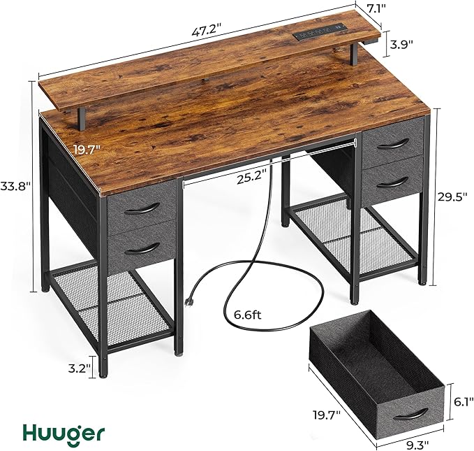 Huuger 47 inch Computer Desk with 4 Drawers, Gaming Desk with LED Lights & Power Outlets, Home Office Desk with Large Storage Space for Bedroom, Work from Home, Rustic Brown and Black-NeatNest