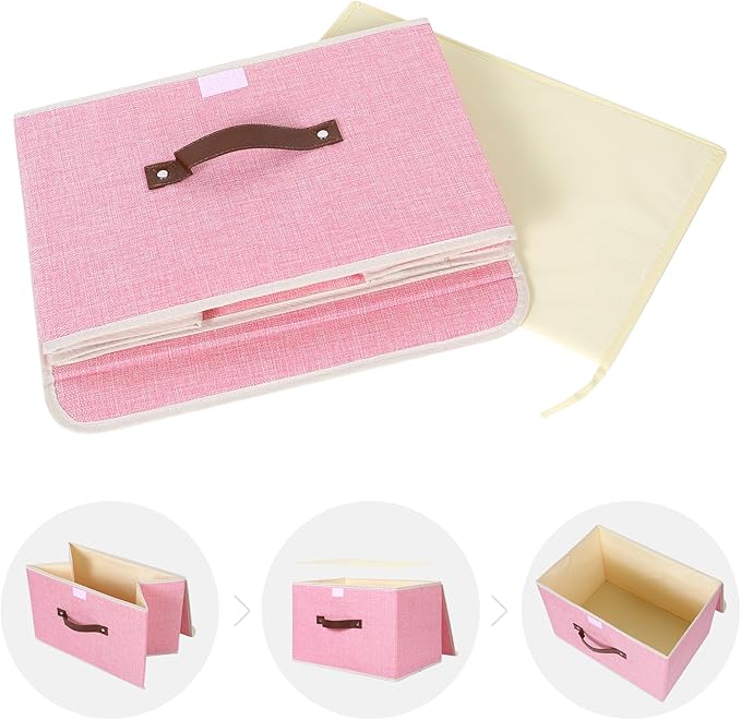 ANMINY Storage Bin with Lid Storage Boxes with PU Leather Handles PP Plastic Board Decorative Foldable Lidded Cotton Linen Fabric Home Cubes Baskets Closet Organizer Container - Pink, Large Size-NeatNest