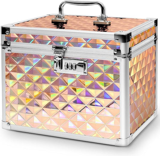 Medication Combination Lock Boxes with Code for Personal Items, Medicine Lockbox for Documents 10 x 7.25 x 7.75 Inches Plaid Gold