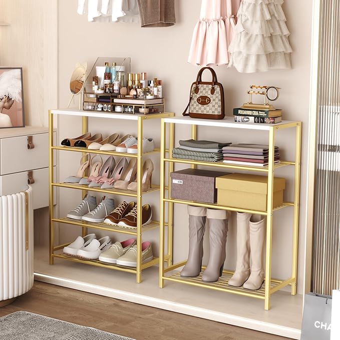 HOMEFORT 5-Tier Shoe Rack, Shoe Storage Shelf, Industrial Shoe Tower, Narrow Shoe Organizer for Closet Entryway, Small Shoe Rack Table with Durable Metal Shelves, Gold-NeatNest