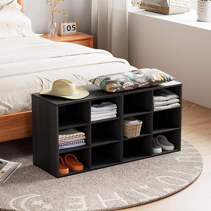 12-Cubby Shoe Rack, 3-Tier Wood Shoe Organizer, Multifunctional Shoe Organizer Bench for Entryway, Mudroom, Hallway, Closet,36.22 * 11.81 * 17.72 Inch,Black-NeatNest